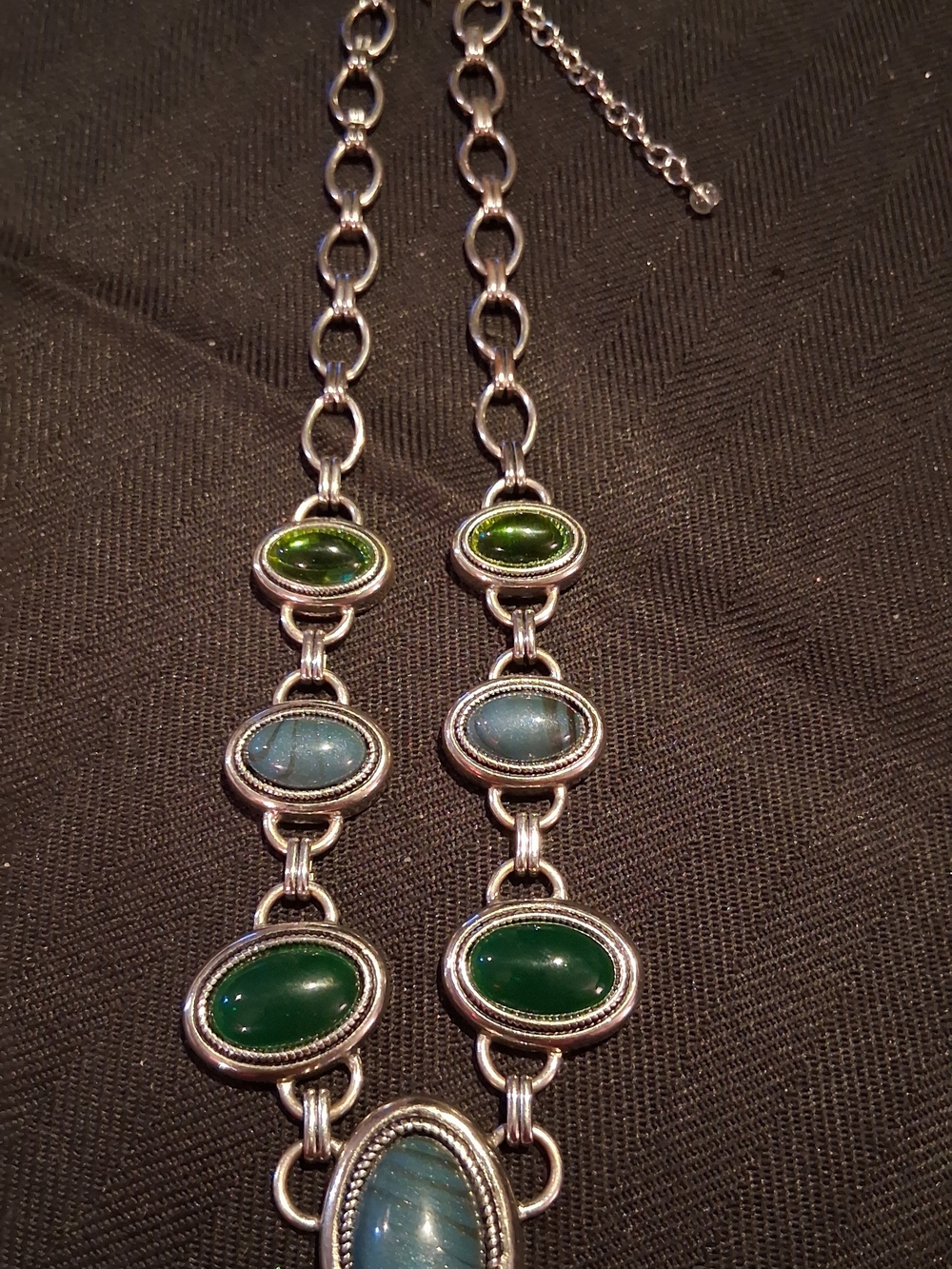 Silver-Tone Green & Teal Oval Stone Necklace And Earrings- Women Jewelry